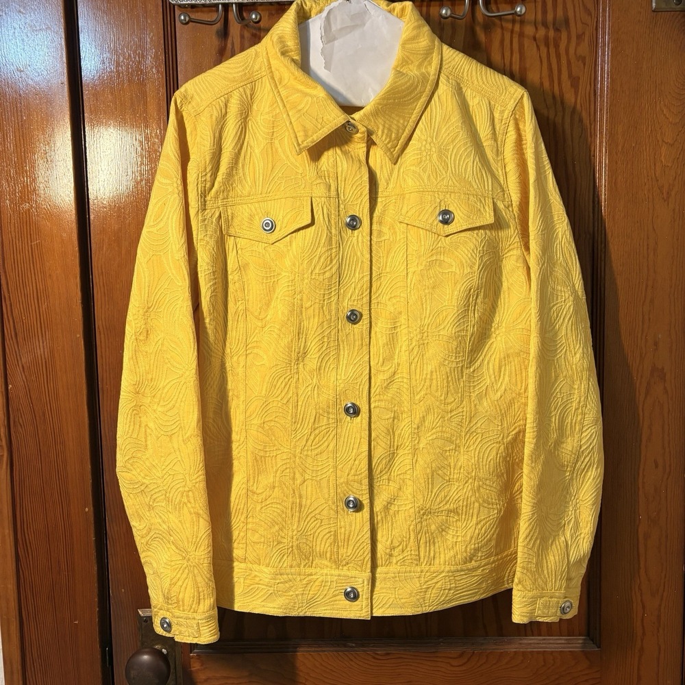 Laura‎ Ashley Yellow Jacquard Fabric Floral Denim Jacket  Silver Buttons Size L